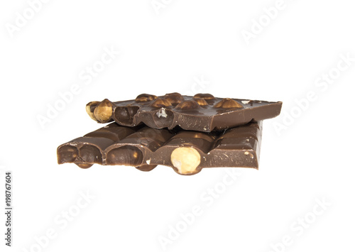 chocolate bar with hazelnuts on isolated white background