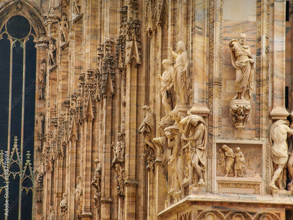 Sculptures and details on the facade on The Dome in Milan, Lombardia, Italy