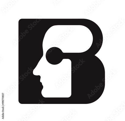 English font upper case letter B b Logo logotype - human faces of cyborg robots, for computer theme, science etc, retro style.