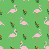 Seamless pattern. Tropical sheets, exotic African birds and flowers, vector illustration