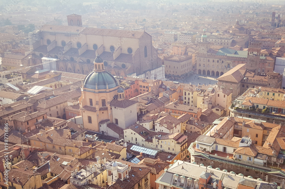 Aerial view of an old city center in daylight. Bologna, Italy