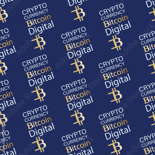 Digital cryptographic Bitcoin. Seamless pattern. Digital currency. .Crypto currency background. Gold sign of crypto currency on a blue background. Illustration of financial technologies.    