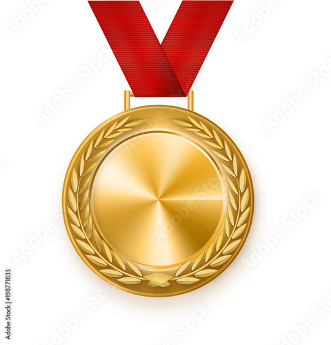Vector gold medal with a red ribbon. Laurel wreath. Award for the victory.Winner.