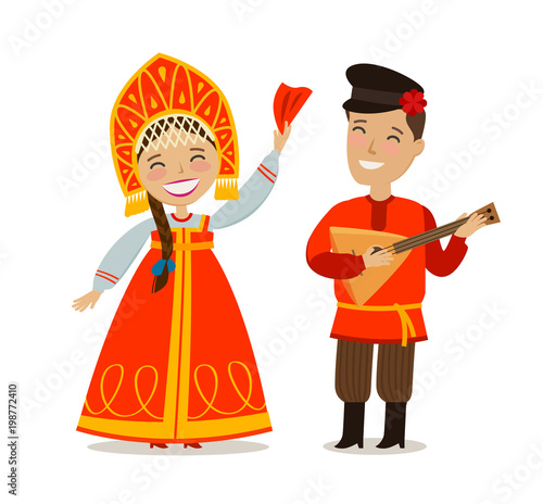 Russian people in folk national costume. Russia, Moscow concept. Vector illustration in flat style