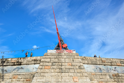 Photography Prague, Czech Republic - October 7, 2017: Prague Metronome is a giant, semi-functional metronome in Letná Park, overlooking the Vltava River and the city center of Prague, Czech Republic