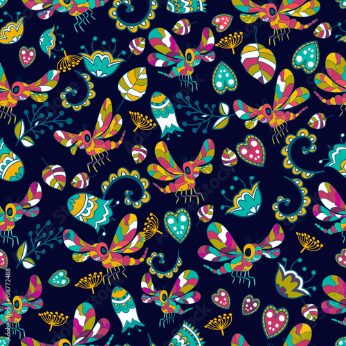 Seamless texture. Multicolor pattern of dragonflys , flowers and leaves.