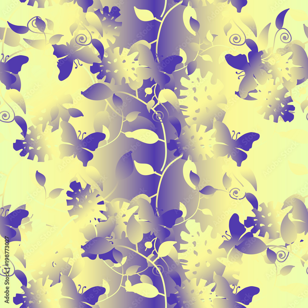Seamless texture. Multicolor pattern of butterflies, flowers and leaves. Seamless texture. Multicolor pattern of butterflies, flowers and leaves.