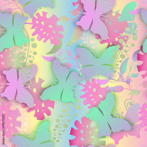 Seamless texture. Multicolor pattern of butterflies  flowers and leaves.