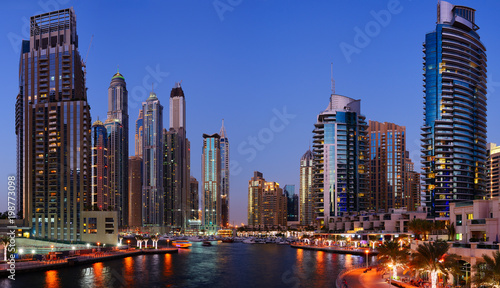 Skyscrapers of Dubai Marina at twilight