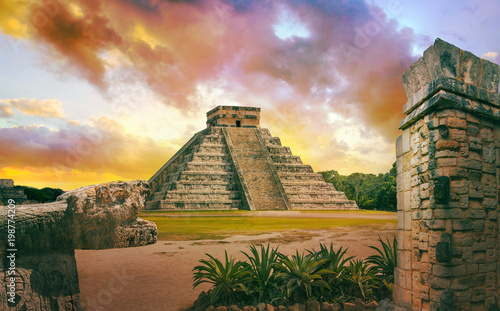 Mexico, Chichen Itza, Yucatn. Mayan pyramid of Kukulcan El Castillo at sunset photo