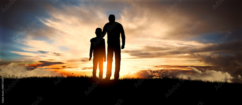 father and son at sunset - obrazy, fototapety, plakaty 