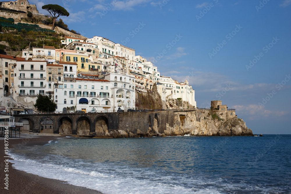 Amalfi, Italy - March 24, 2018: Amalfi is a seaside resort town near the Salerno Bay in the Italian province of Salerno, the heart of the Amalfi Coast .