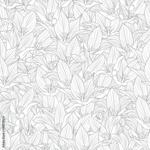 Fototapeta Naklejka Na Ścianę i Meble -  Monochrome graphic seamless pattern, linear, engraving drawing of elegant grey tulip flowers. Black vector illustration, isolated on background for texture, wrapping, packaging and other design.