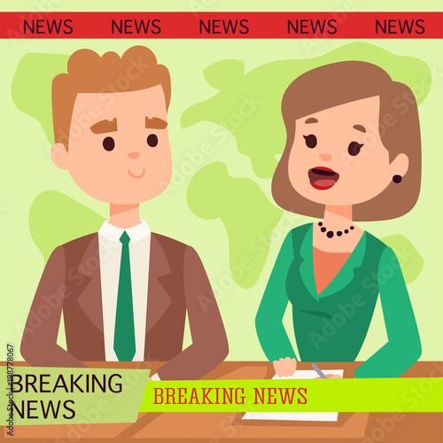 Vector Illustration anchorman breaking news and tv screen layout pofessional interview people in TV studio newsreader breaking news anchor. Communication broadcast newscaster anchor journalist