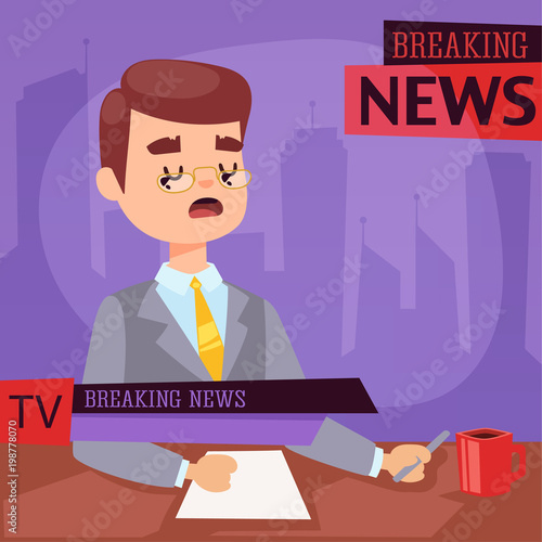 Vector Illustration anchorman breaking news and tv screen layout pofessional interview people in TV studio newsreader breaking news anchor. Communication broadcast newscaster anchor journalist