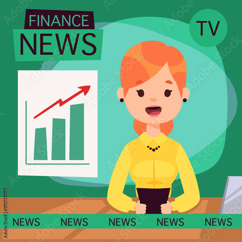 Vector Illustration anchorman breaking news and tv screen layout pofessional interview people in TV studio newsreader breaking news anchor. Communication broadcast newscaster anchor journalist