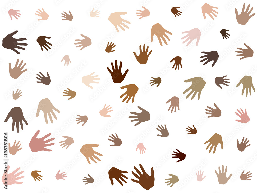 Fototapeta premium Hands with skin color diversity vector background. Community concept icons, social, national, racial issues symbols. Helping hand prints, human palms - charity, assistance, volunteering concept.