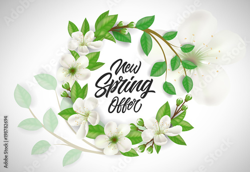 New Spring Offer lettering in flower wreath. Promotion design element. Handwritten text, calligraphy. For banners, posters, leaflets and brochures.