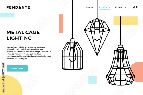 lighting shop landing page industrial metal cage pendant hanging lamp background vector illustration