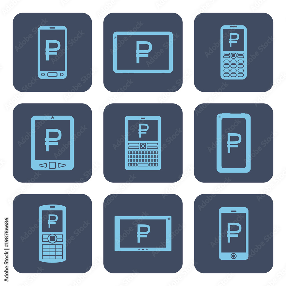 Set of icons - mobile devices with rouble symbols on screens Set of icons - mobile devices with rouble symbols on screens