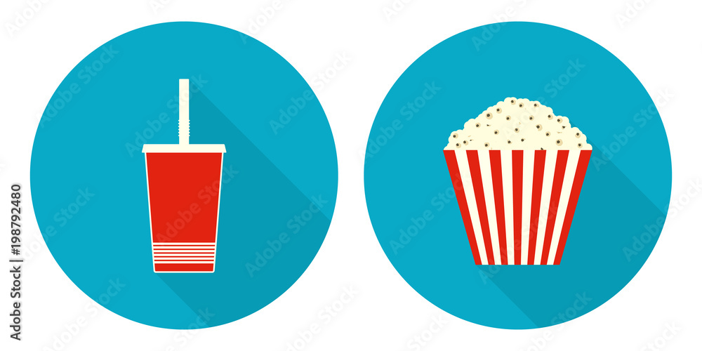 Flat vector cup of cola and bucket of popcorn