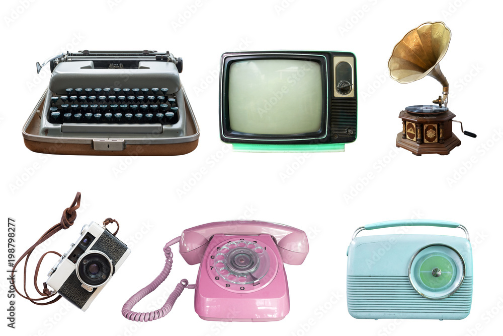 Collection of vintage retro technology related - clipping path objects isolated on white background.