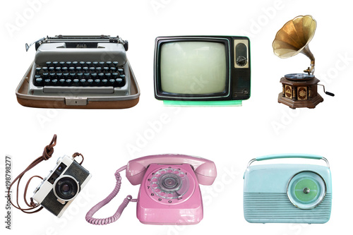 Collection of vintage retro technology related - clipping path objects isolated on white background. photo