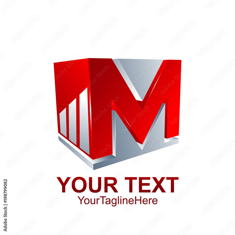 Initial letter M logo template colored red grey cube graph design for business and company identity Initial letter M logo template colored red grey cube graph design for business and company identity