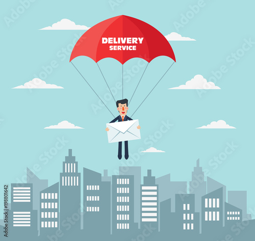 Smiling business man with parachute over city. Post letter, delivery service or e-mail vector concept