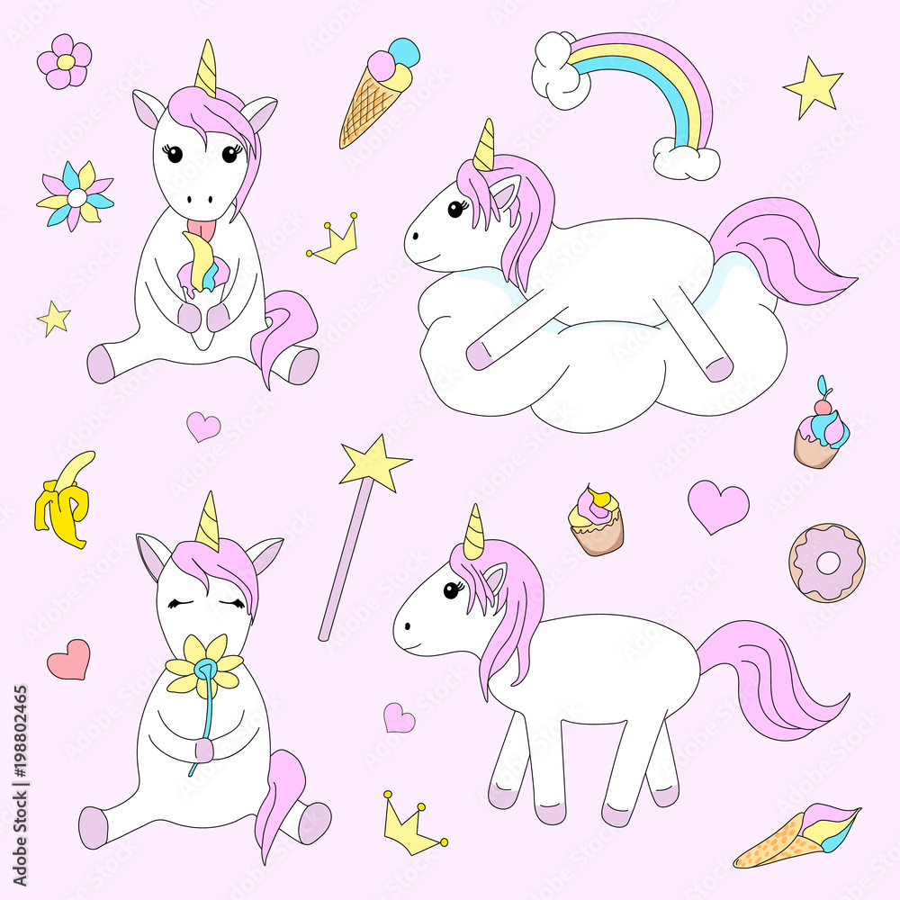 Set of cute unicorn on pink background. A collection of design elements for a little girl. Hand drawing of unicorns in cartoon style. Vector illustration. Set of cute unicorn on pink background. A collection of design elements for a little girl. Hand drawing of unicorns in cartoon style. Vector illustration.