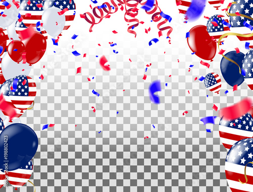 USA Independence day poster with air balloons and with a garland from American flags. American Memorial Day celebration poster, vector illustration.