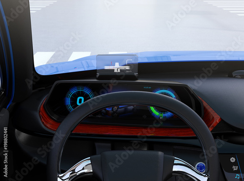 Closeup view of digital speedometer with HUD on wooden tray. Electric car's dashboard concept. 3D rendering image. © chesky