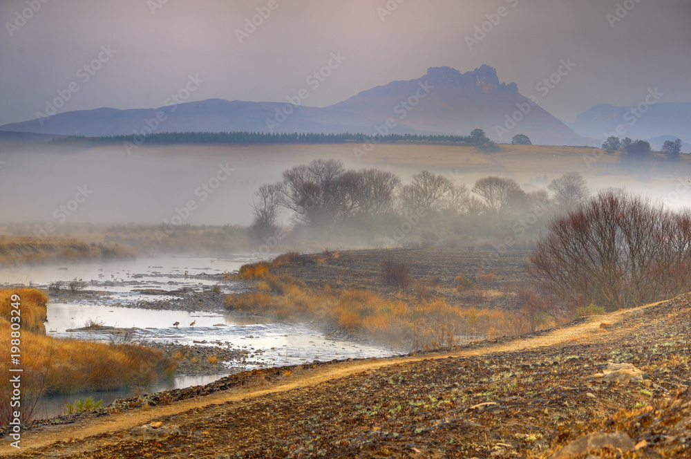 RIVERSIDE TRAIL . Winter morning on the Umzimkulu River, Underberg, Kwazulu Natal, South Africa.