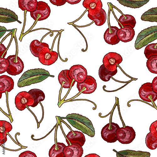 Embroidery cherry fruit berry seamless pattern art. Template for clothes, textiles, t-shirt design
