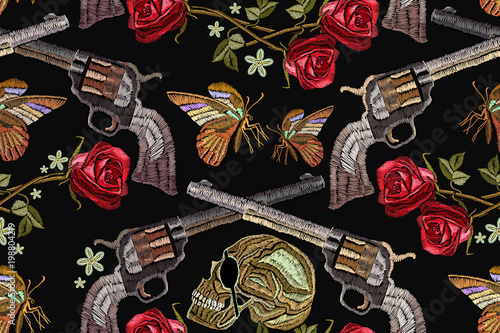 Embroidery skull, crossed guns, butterfly and roses seamless pattern. Template for clothes, textiles, t-shirt design. Criminal embroidery, pirates and revolvers pattern