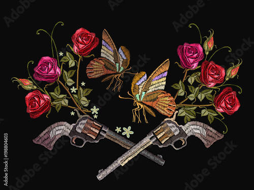 Embroidery crossed guns, butterfly and roses. Template for clothes, textiles, t-shirt design. Classical embroidery revolvers and spring roses and tropical butterfly. Symbol of romanticism and crime