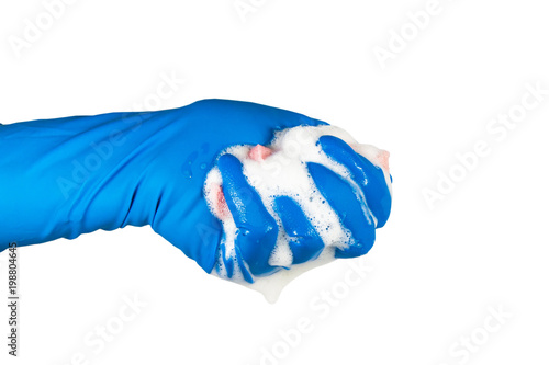 Sponge for washing dishes with foam in hand, isolated on a white background