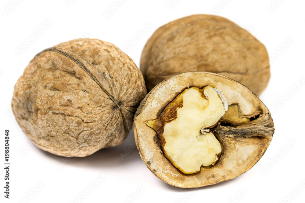 Three walnuts isolated on white background macro Three walnuts isolated on white background macro