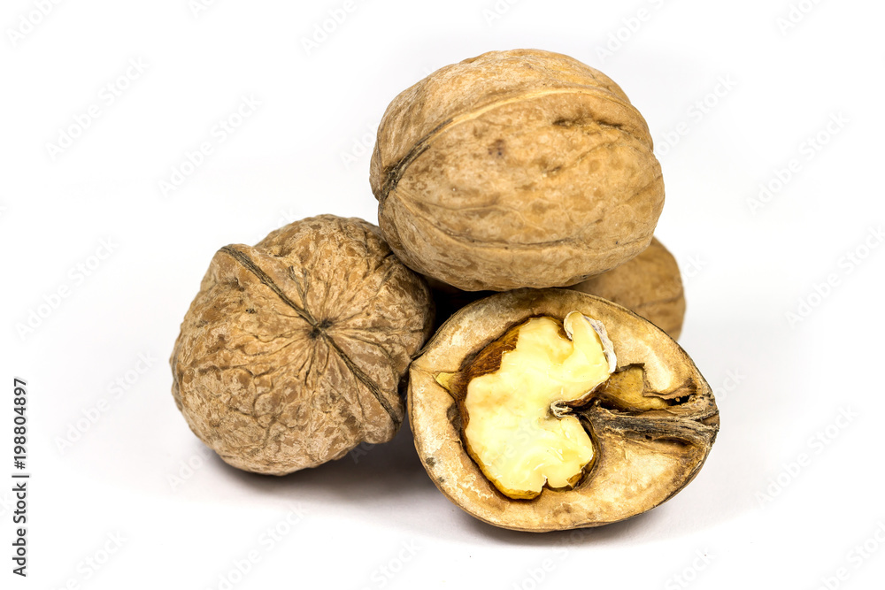 Walnuts isolated macro on the white background Walnuts isolated macro on the white background