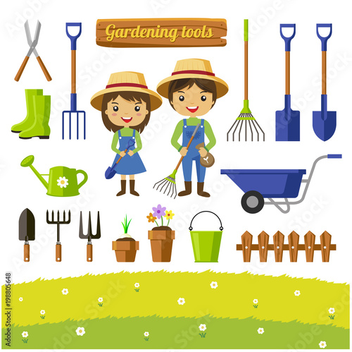 Gardening tools collection, farmers cartoon characters - Vector illustration
