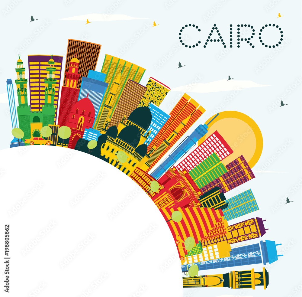 Cairo Egypt City Skyline with Color Buildings, Blue Sky and Copy Space.