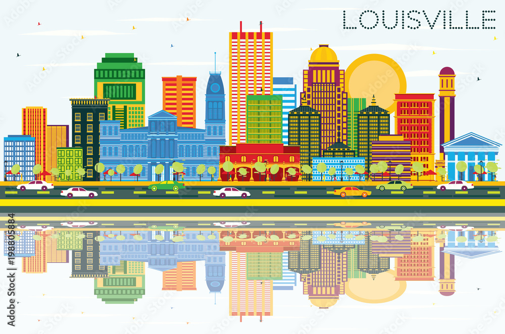 Louisville Kentucky USA City Skyline with Color Buildings, Blue Sky and Reflections.