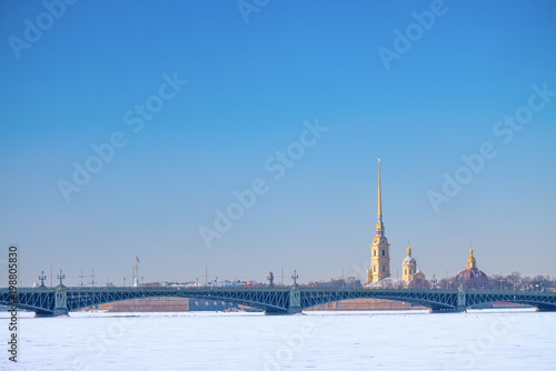 View of the Peter and Paul Fortress. Historical building. tourist tag. Beautiful St. Petersburg