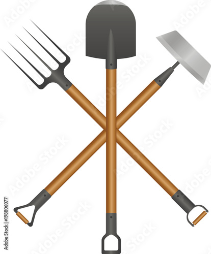 Photo garden tools mini-set. shovel, rake and hoe vector illustration
