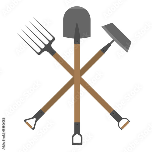garden tools mini-set. shovel, rake and hoe vector illustration