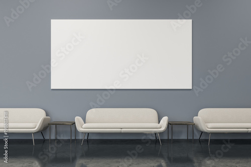 Gray office waiting room interior sofas and poster