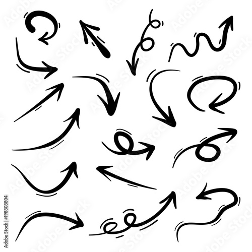 Set of black hand drawn arrows isolated on white background. Vector graphic element.