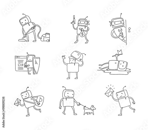 Sketch robot set character with business. House cleaning. Dog walking. Different situations. Hacking a computer. Hand drawn black line vector illustration.