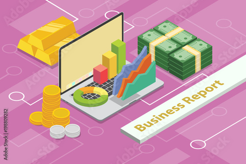 business report concept 3d isometric with laptop and graph chart and gold coins