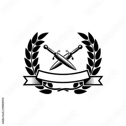 Emblem template with crossed swords. Design element for logo, label, emblem, sign.